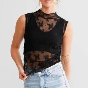 Sheer Lace Mock Neck Black Sleeveless Top